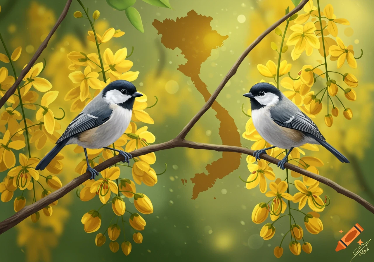Two grey and white birds with black heads perch on a branch among yellow blossoms, with a golden map of Vietnam in the blurry green background. Illustrated.