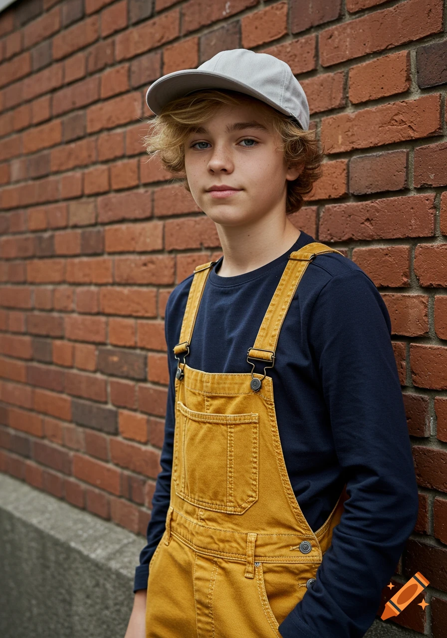 A boy in a gray cap, navy shirt, and mustard yellow overalls stands relaxed against a red brick wall. Realistic candid portrait.