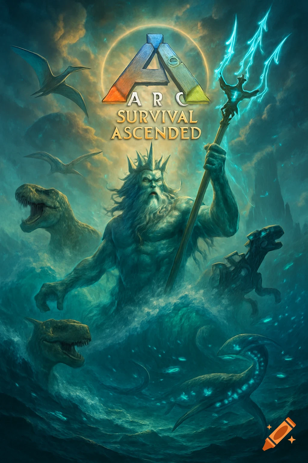 Digital art poster of Poseidon rising from a stormy sea with a trident, surrounded by dinosaurs, with 'Ark Survival Ascended' logo.