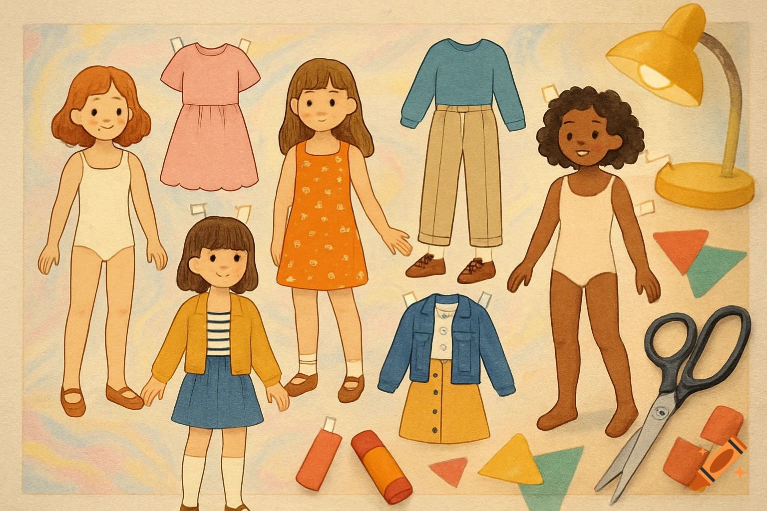 An illustration of diverse paper dolls and their cutout clothes, along with scissors, glue, and a desk lamp, arranged on a light background.