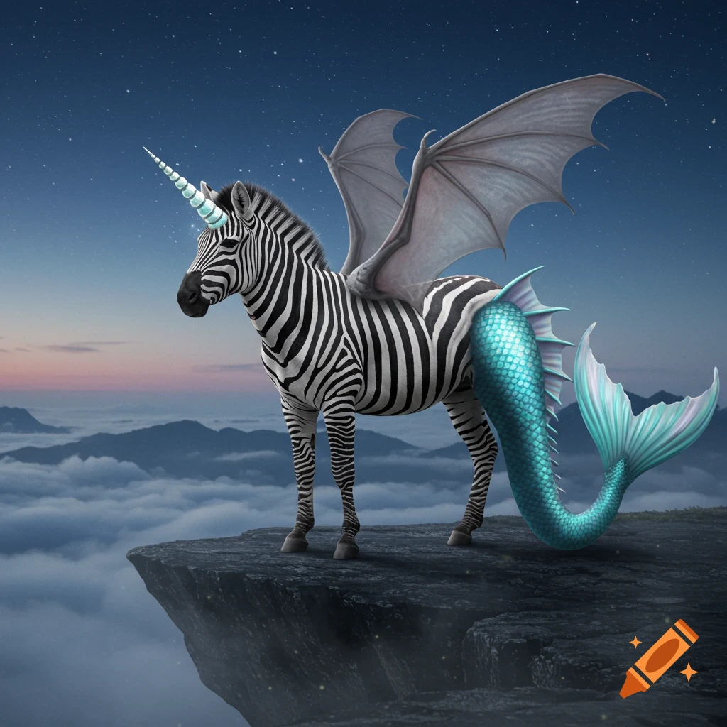 Photorealistic zebra-unicorn-mermaid-bat creature with a horn, wings, and tail, standing on a cliff above clouds at dusk.