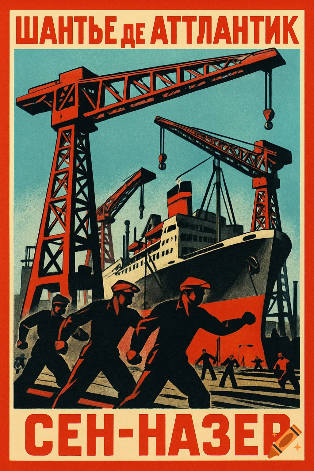 Vintage propaganda poster showing workers running in a shipyard with large cranes and a ship under construction.