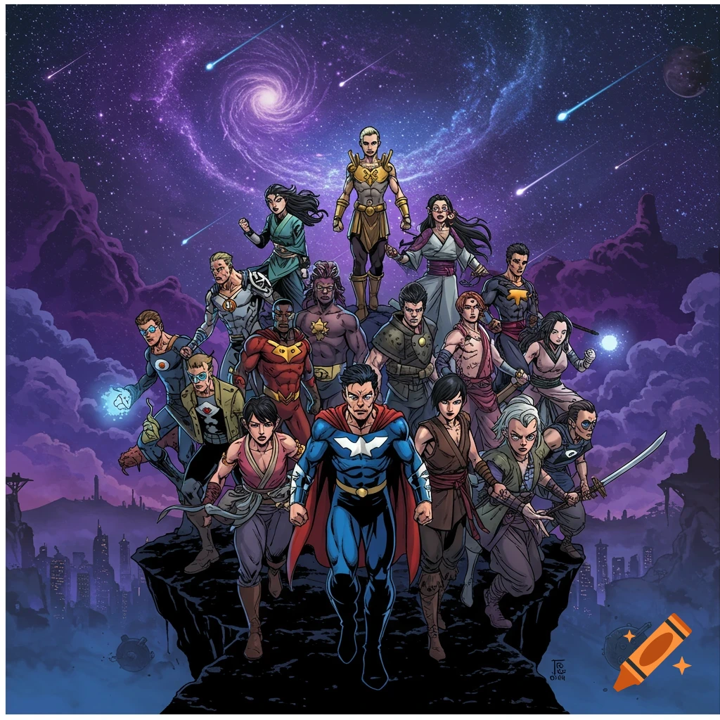 A diverse team of comic book heroes stands on a cliff overlooking a city under a swirling galaxy sky in a colorful comic art style.