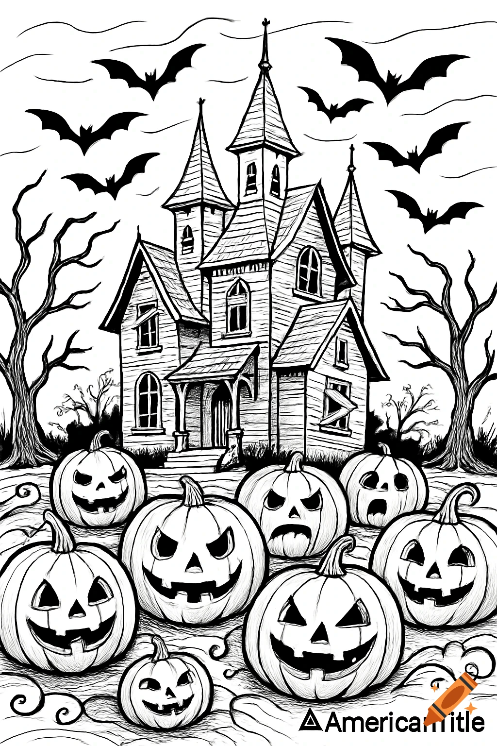 Black and white line art coloring page of a spooky haunted house with bats flying overhead and many jack-o'-lanterns.