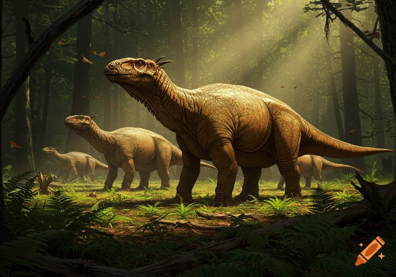 A group of photorealistic Iguanodons walks through a sunlit prehistoric forest clearing with ferns and fallen wood.