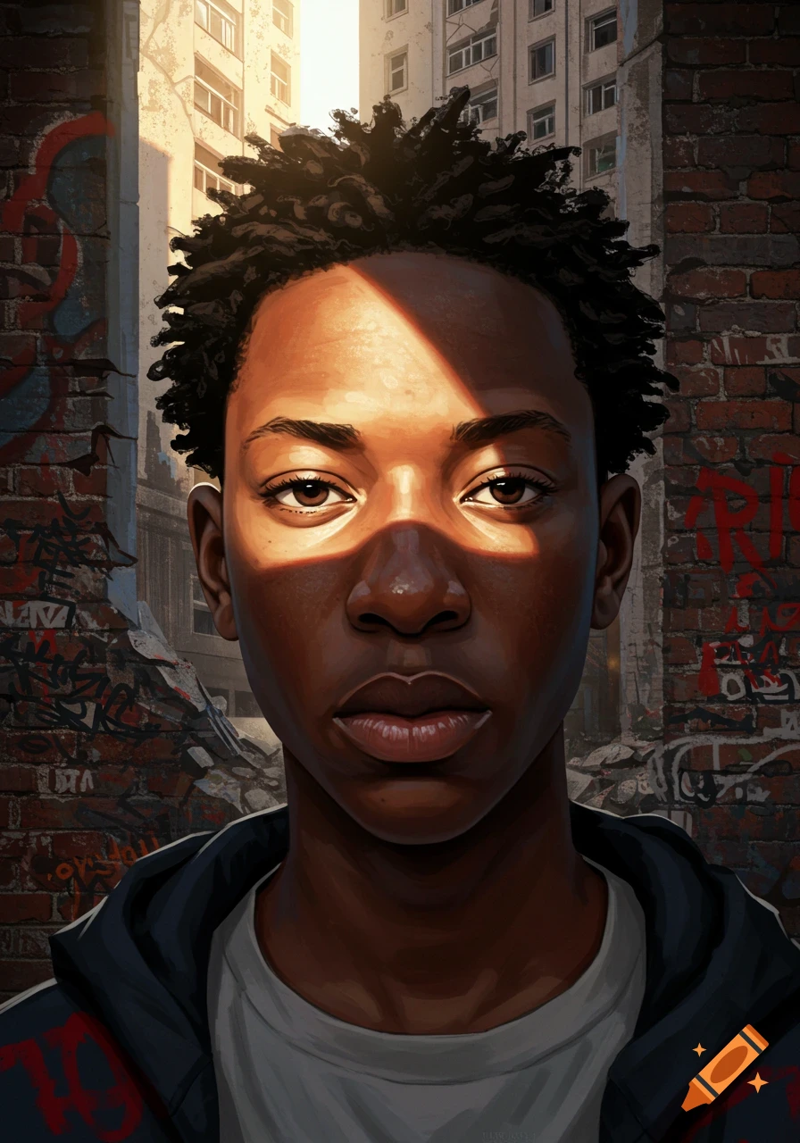 Stylized close-up portrait of a young Black person with short curly hair, half-lit by sunlight, against a graffiti-covered brick wall and urban background.
