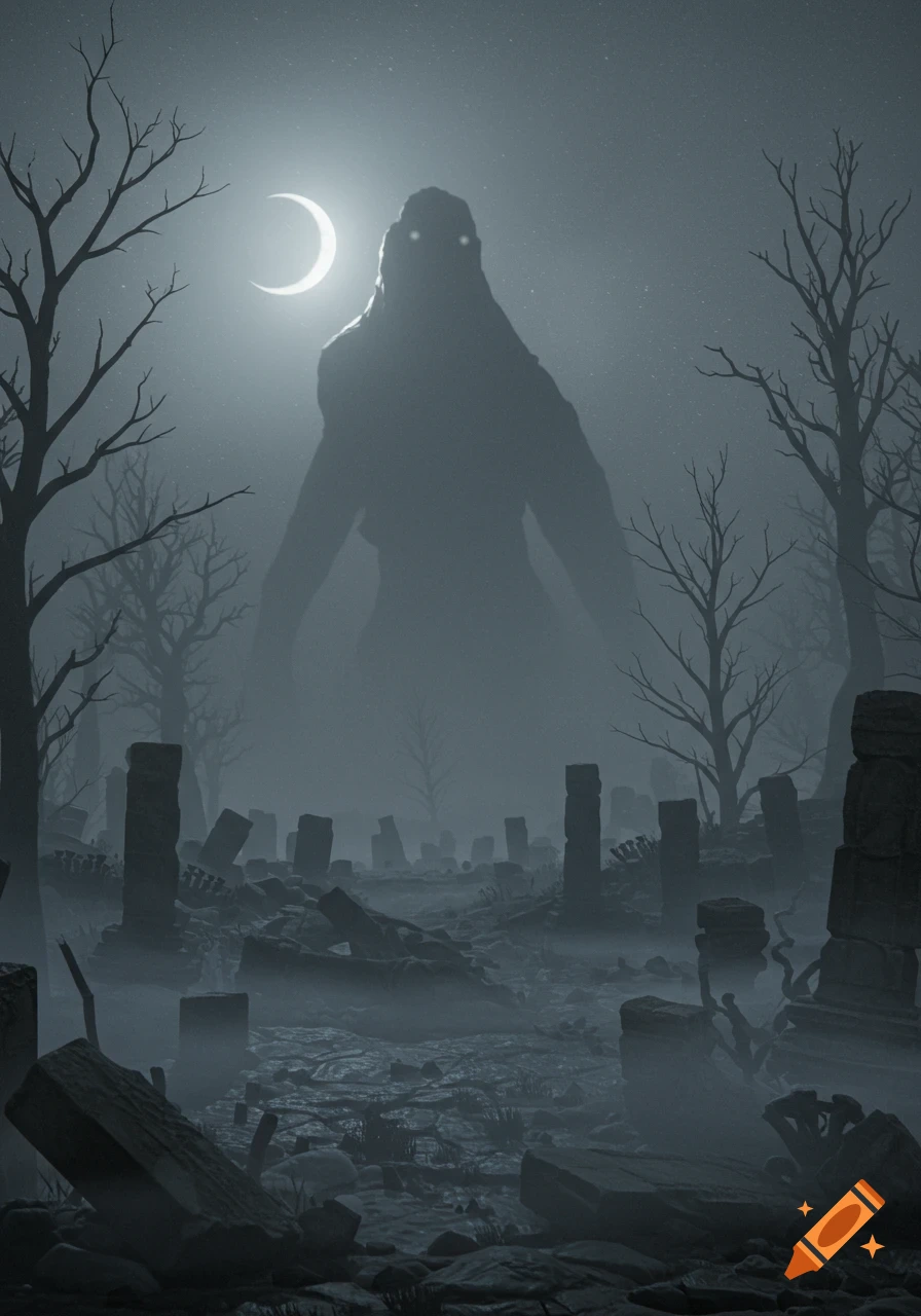 A colossal, shadowy monster with glowing eyes stands over a desolate, foggy landscape with bare trees and ruins under a crescent moon. Dark fantasy.