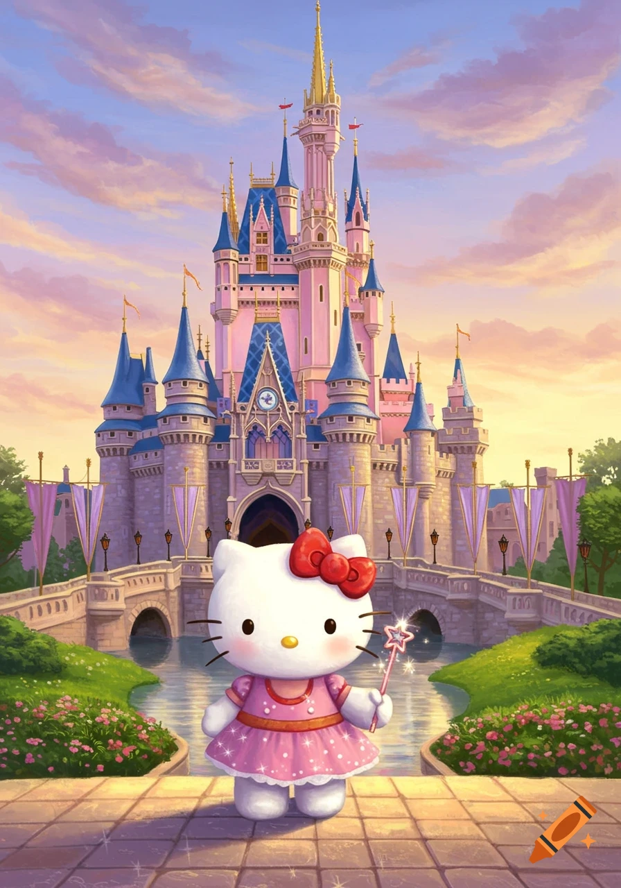 Hello Kitty in a pink dress holding a star wand, standing before a whimsical pink and blue castle under a sunset sky.