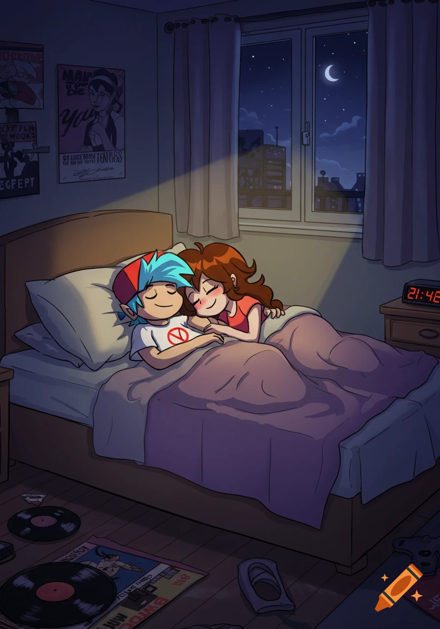 Cartoon characters Boyfriend and Girlfriend from Friday Night Funkin are sleeping cuddled in a bed in a moonlit room.