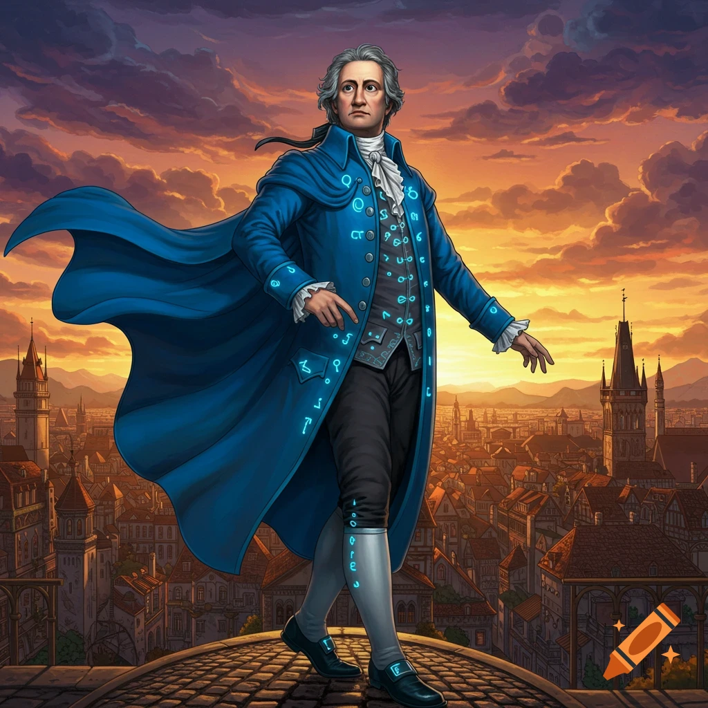 A superhero-like figure resembling Goethe in a blue cape and coat with glowing symbols stands over a fantasy city at sunset.