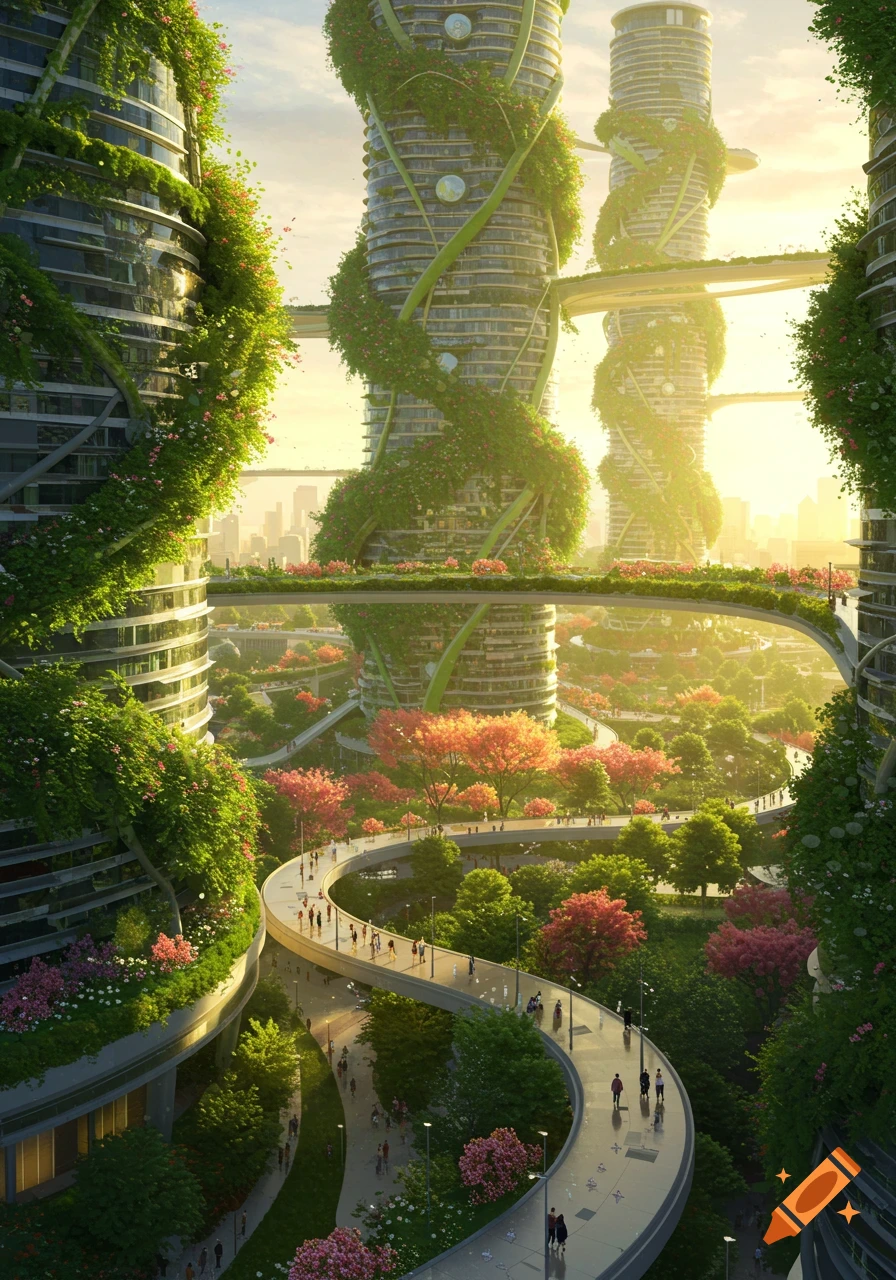 A vibrant, futuristic city with green skyscrapers and elevated walkways winding through lush parks under a golden sky.