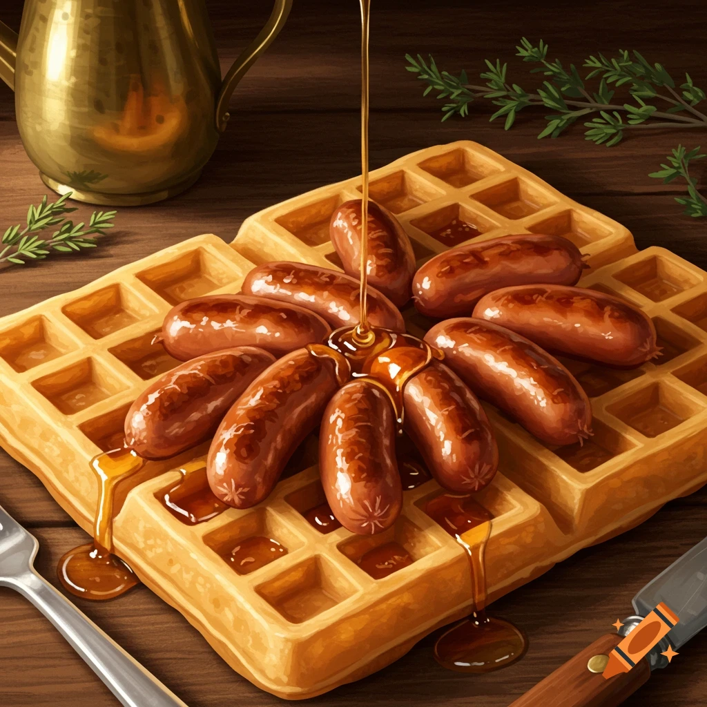 Golden waffles topped with eight sausages, drenched in maple syrup, on a rustic wooden table with a brass pitcher and greenery.