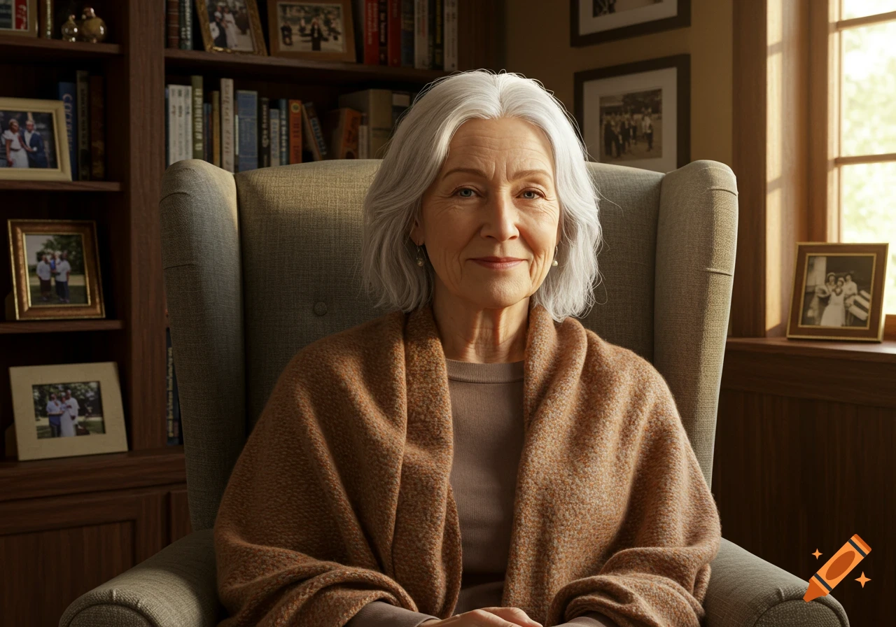 A smiling elderly woman with gray hair sits in an armchair, wrapped in a blanket, in a sunlit room with bookshelves.