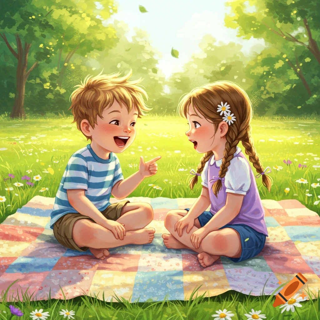 A happy cartoon boy and girl sit on a colorful blanket in a sunny park, laughing and talking.
