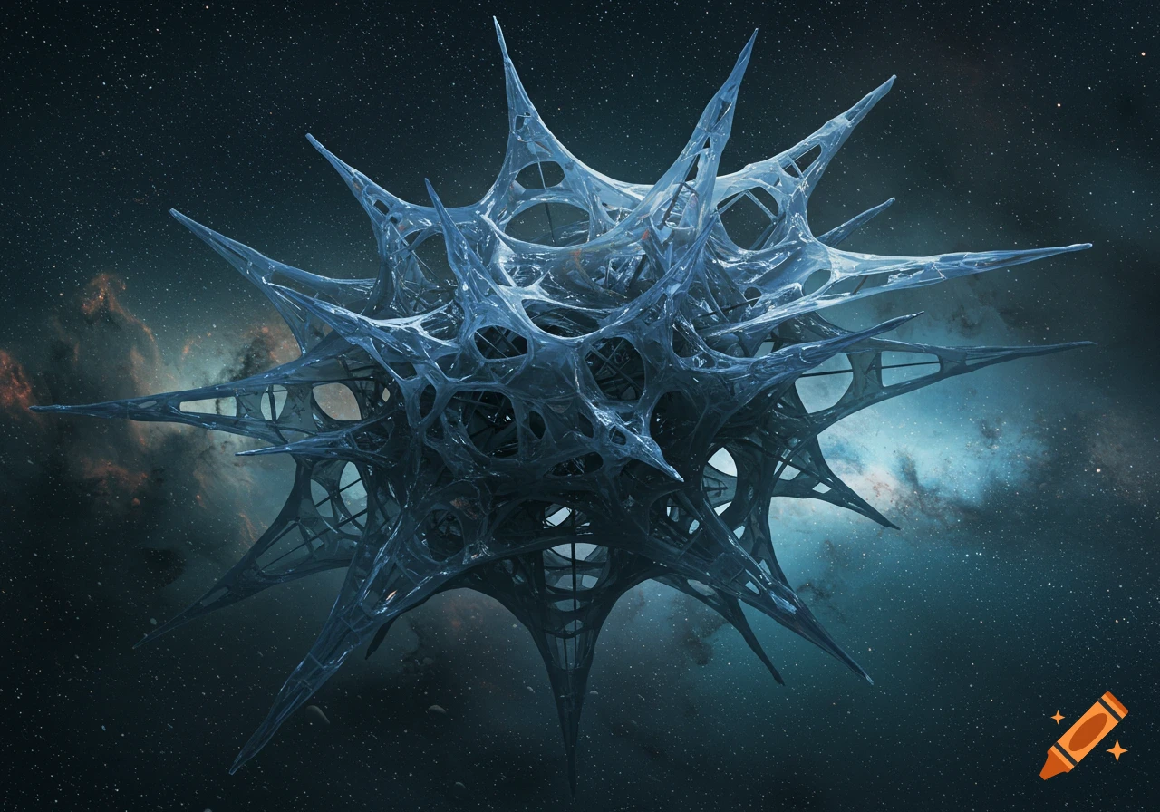 A spiky, translucent blue abstract structure resembling ice or plastic, floating in dark, starry deep space amidst nebulae.