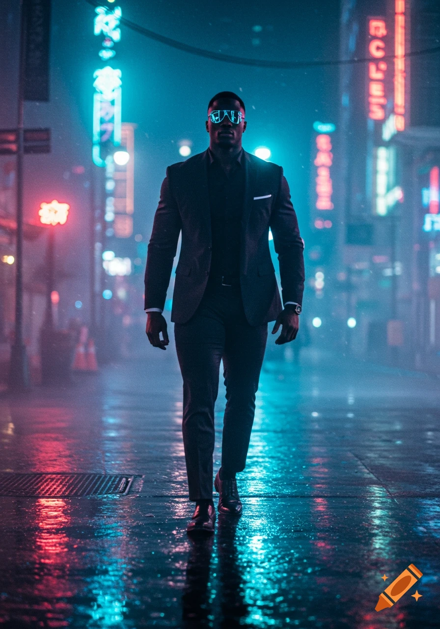 A man in a dark suit and futuristic sunglasses walks on a wet city street at night, lit by neon signs. Cyberpunk aesthetic.