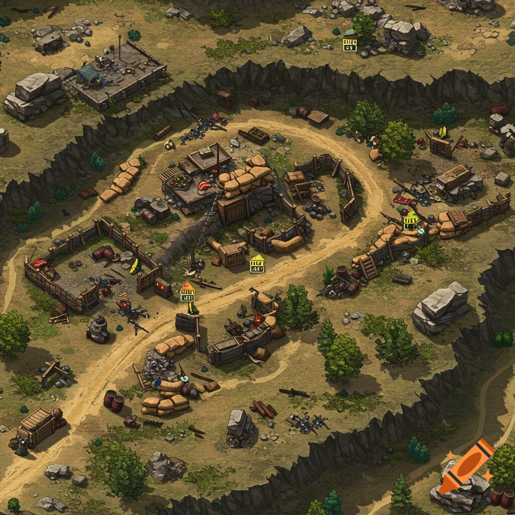 Isometric battle map featuring a fortified area with trenches, sandbags, destroyed buildings, and scattered weapons.