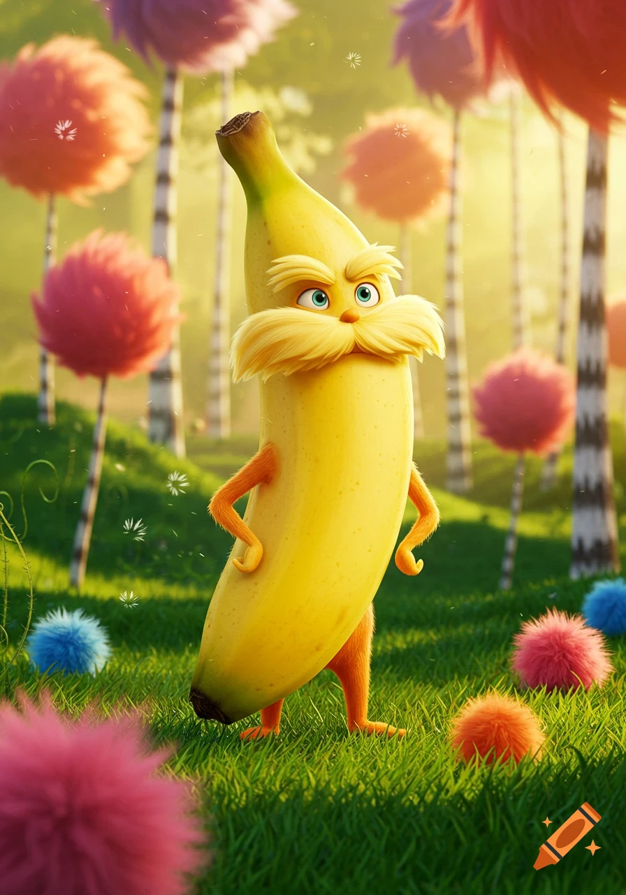 A whimsical Lorax-like character with a yellow banana body and orange fuzzy arms stands in a vibrant cartoon forest.
