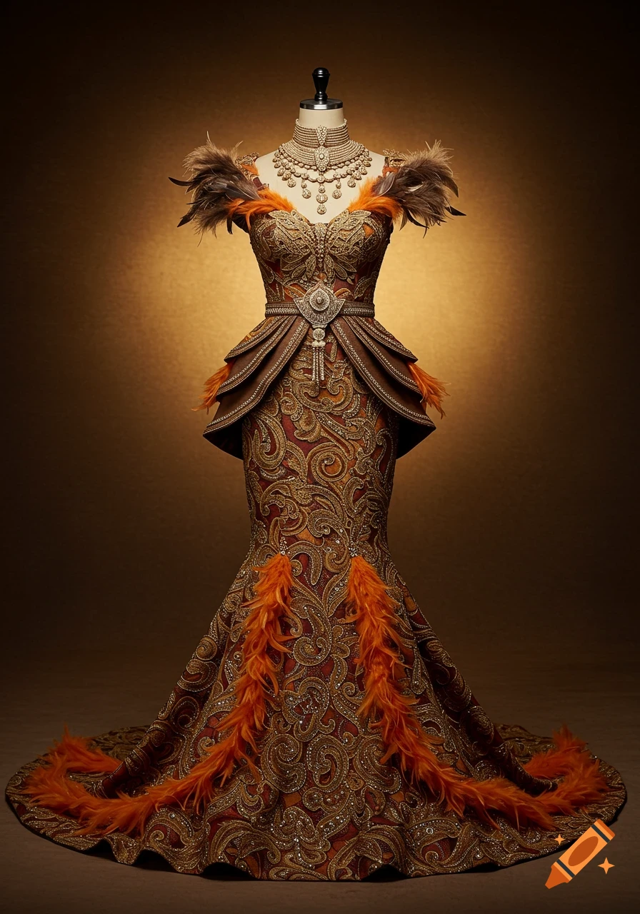 An ornate African-inspired wedding dress in gold and dark reddish-brown with paisley embroidery and orange feathers, displayed on a mannequin.