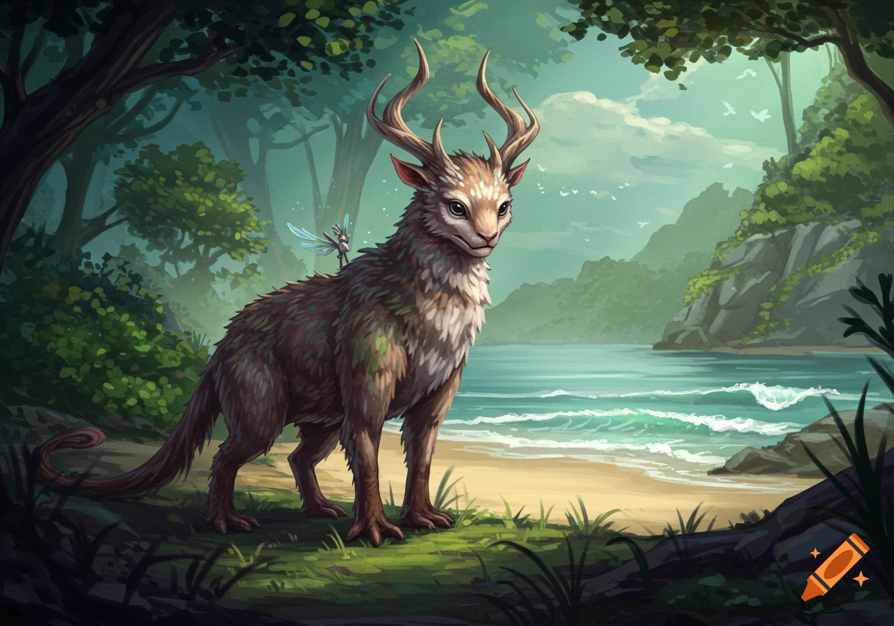 A vibrant illustration of a fantasy deer-like creature with antlers and a small fairy on its back, standing by a lush beach.