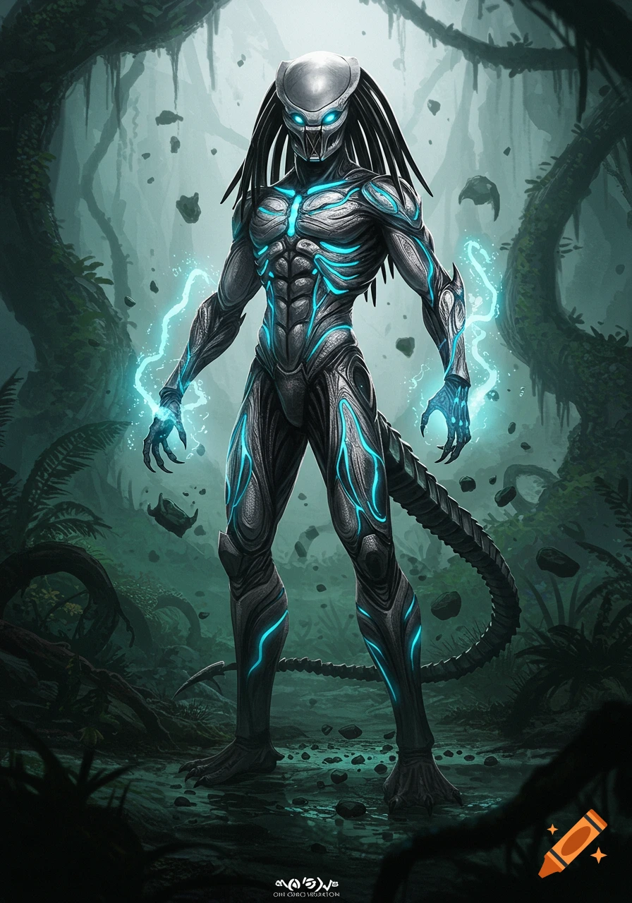 A tall, armored alien predator with glowing blue markings, dreadlocks, and a tail stands in a lush, misty jungle.