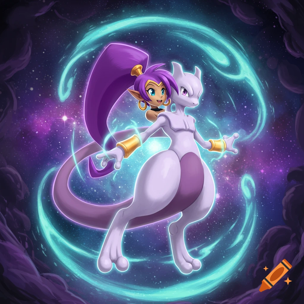 Shantae's head on Mewtwo's body, transforming, surrounded by glowing aqua energy in a vibrant purple cosmic background.