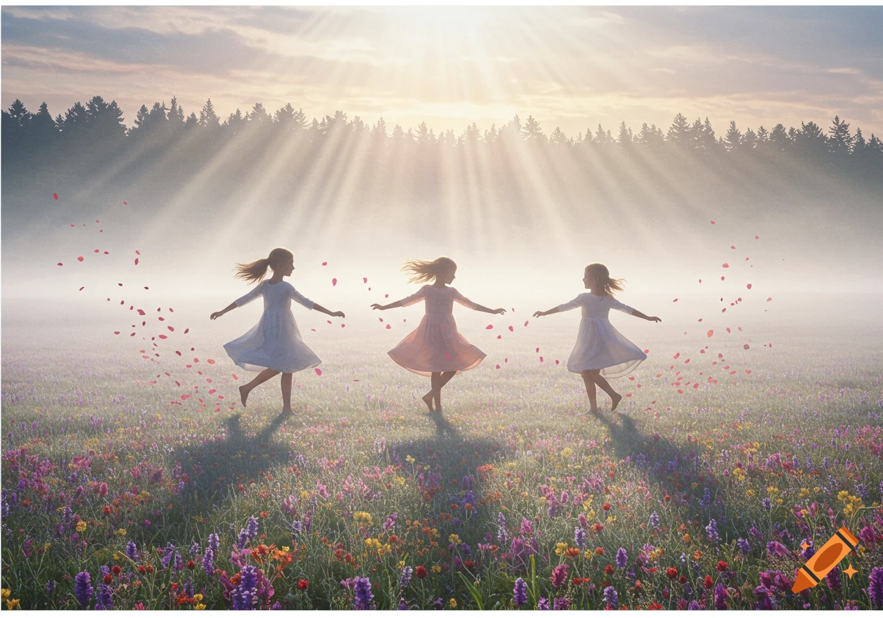 Three girls in light dresses dance barefoot in a misty flower meadow at sunrise with falling petals, photorealistic.