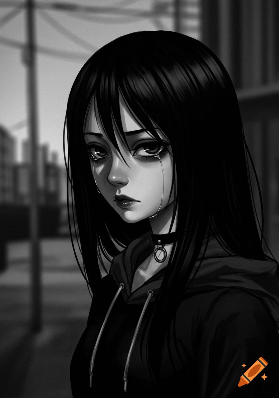 Manga-style monochrome portrait of a sad girl with long black hair and tear-filled eyes, wearing a black hoodie and choker.