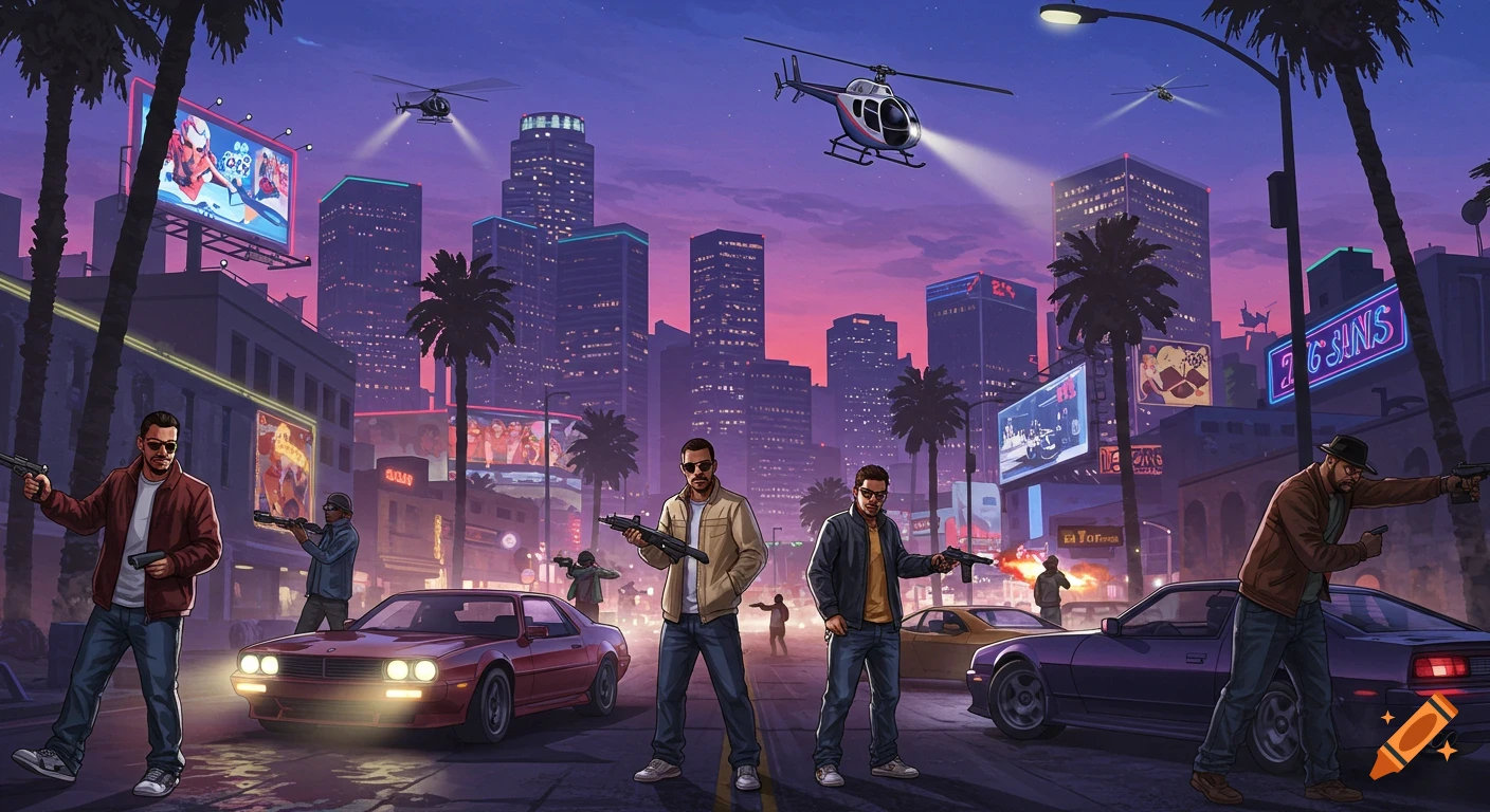 An evening city street scene with several armed men, cars, and helicopters flying above, in a stylized, comic-book art style.