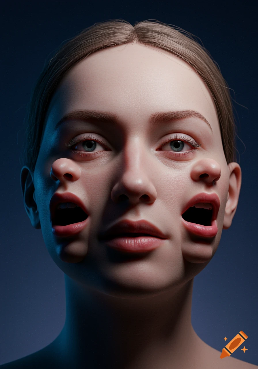 A close-up portrait of a woman with multiple open mouths and noses on the sides of her head, with dramatic lighting.