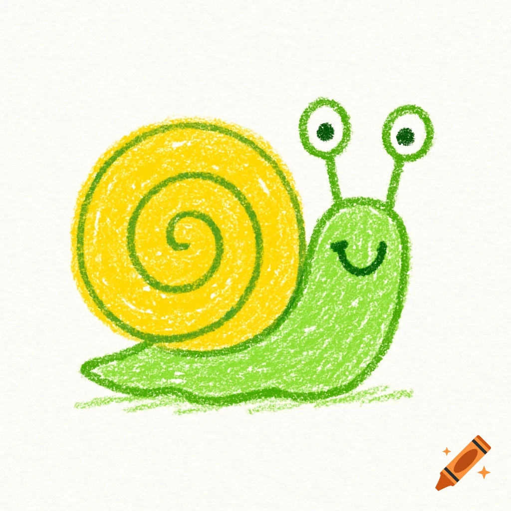 A simple kindergarten-style crayon drawing of a happy green snail with a yellow spiral shell on a white background.