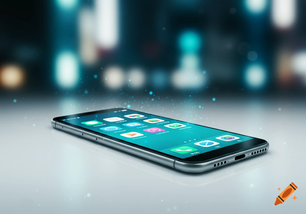 A modern smartphone with a screen displaying app icons, glowing with digital light, on a reflective surface with a blurred blue background.