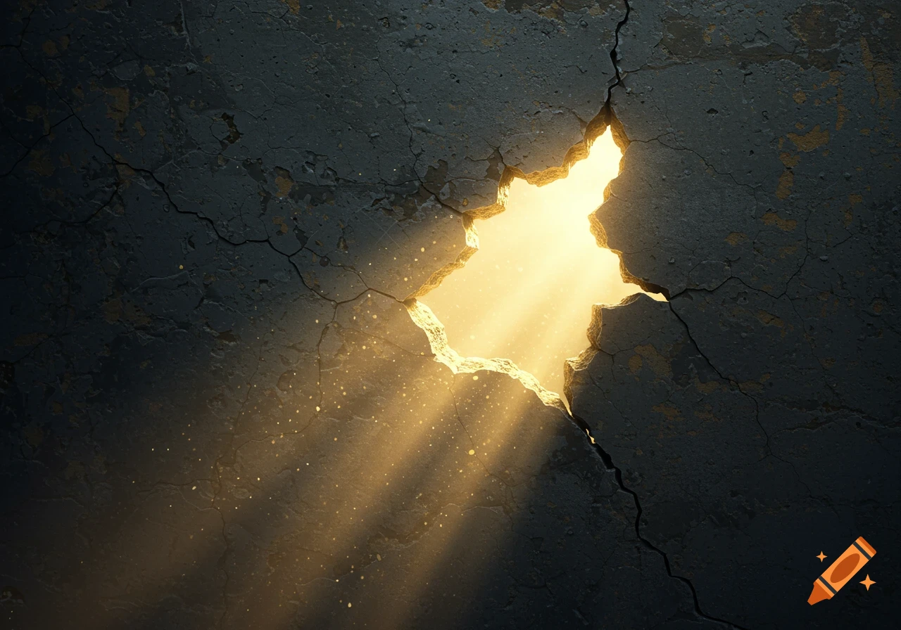 Light streams through a jagged crack in a dark, textured concrete wall, creating rays and dust motes.
