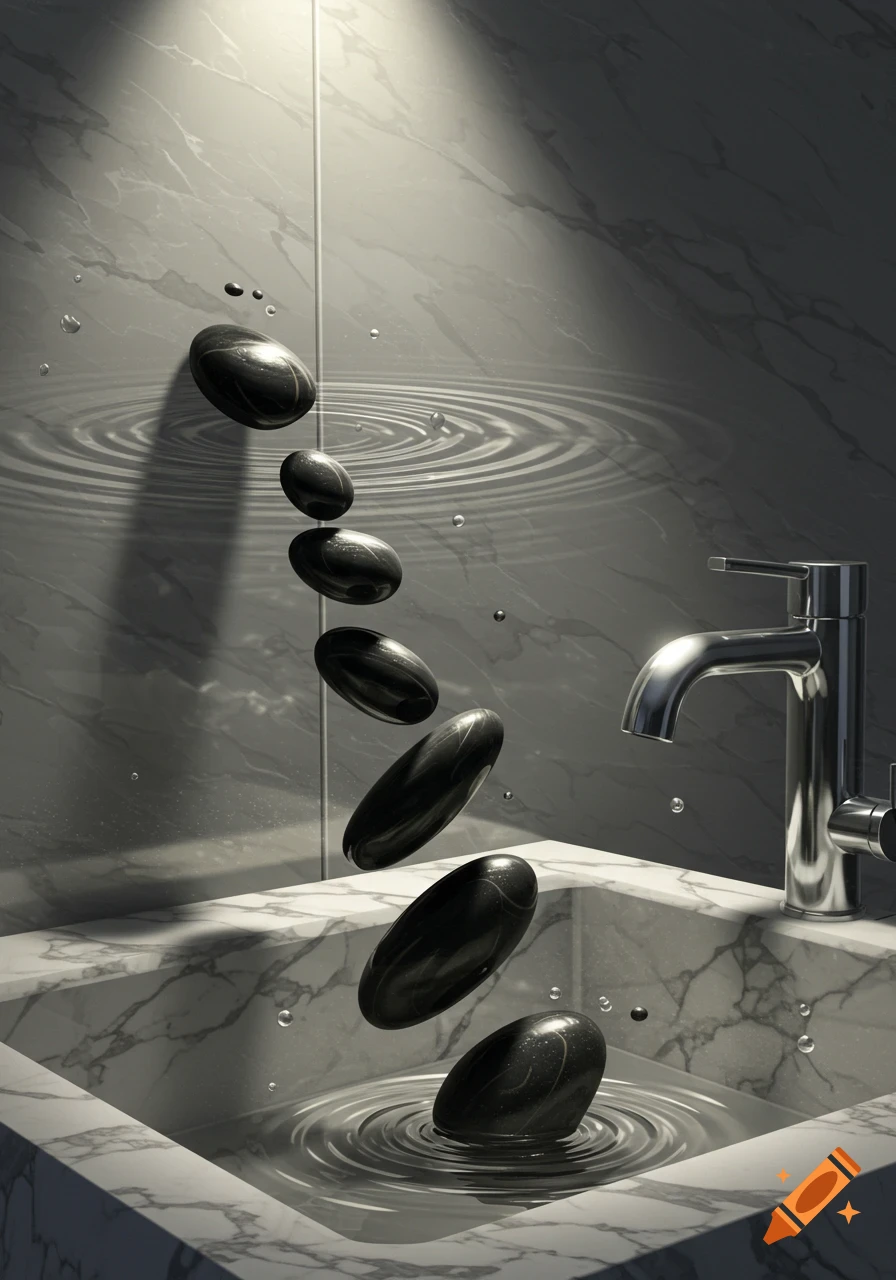 Black oval stones fall into a marble sink, creating ripples, with a chrome faucet and marble wall tiles in the background.