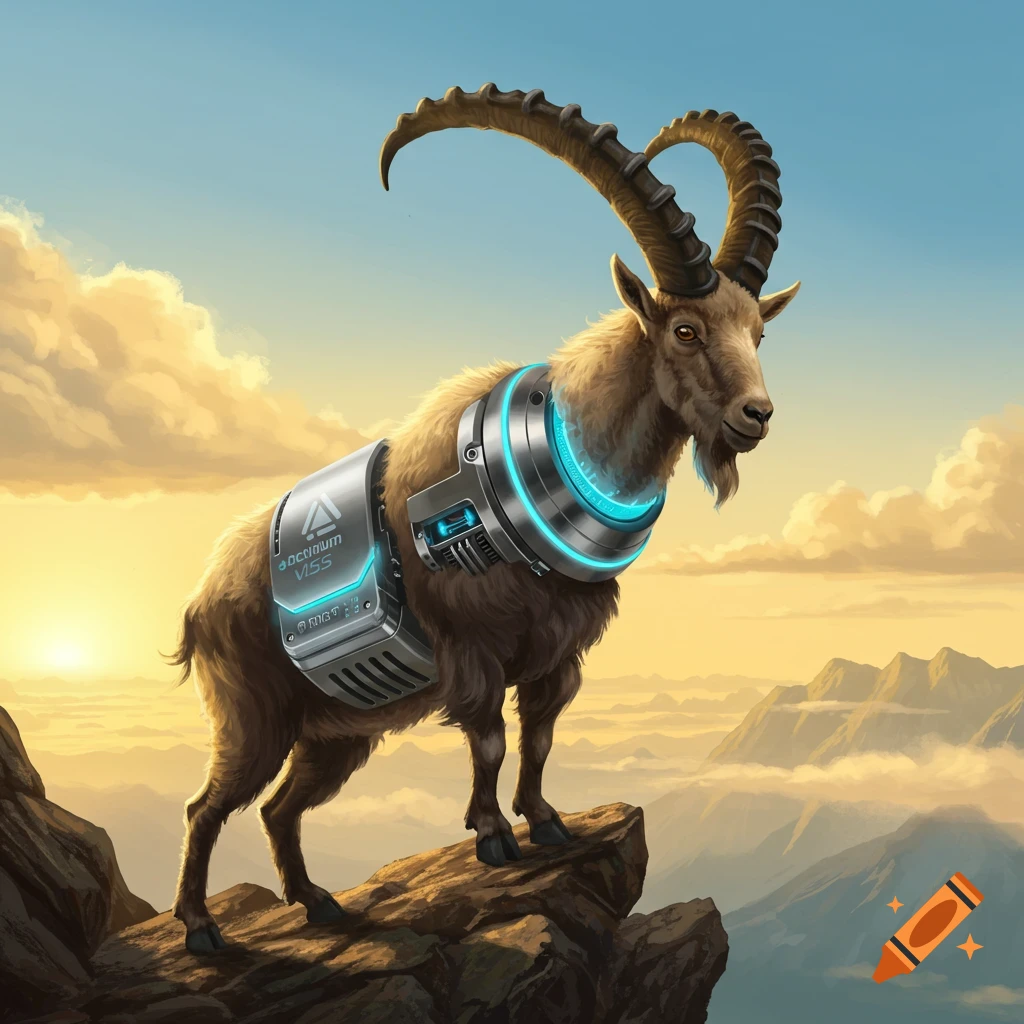 A majestic goat with futuristic silver and blue glowing armor stands on a rocky mountain peak at sunset, with a golden sky.