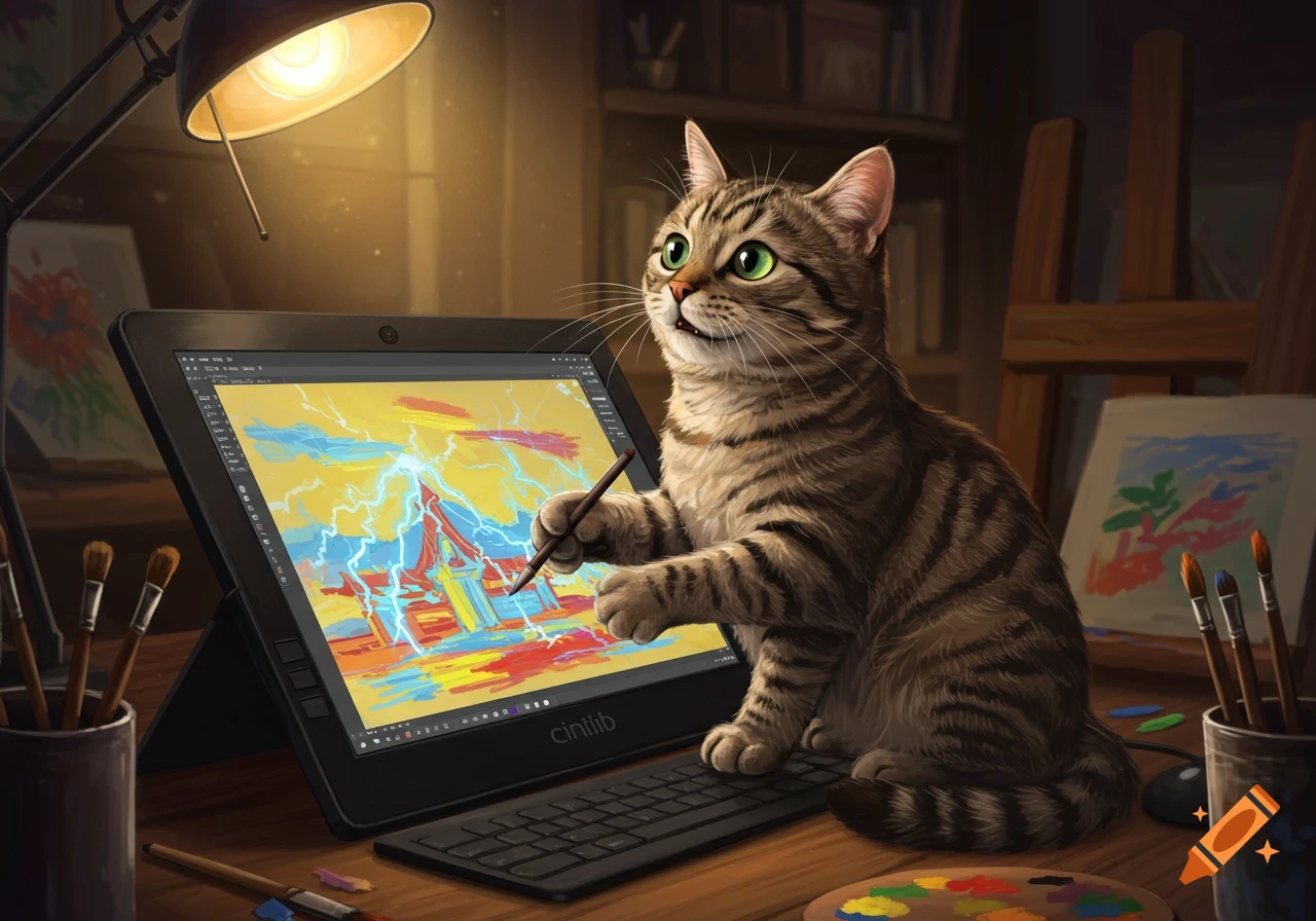 A tabby cat sits at a desk, drawing on a digital tablet with a stylus, in a warm, artistic studio.
