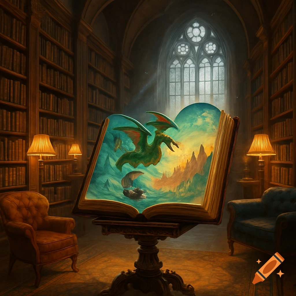 A magical open book on a stand in a grand library, revealing a vibrant fantasy scene with a green dragon flying over a turbulent sea.