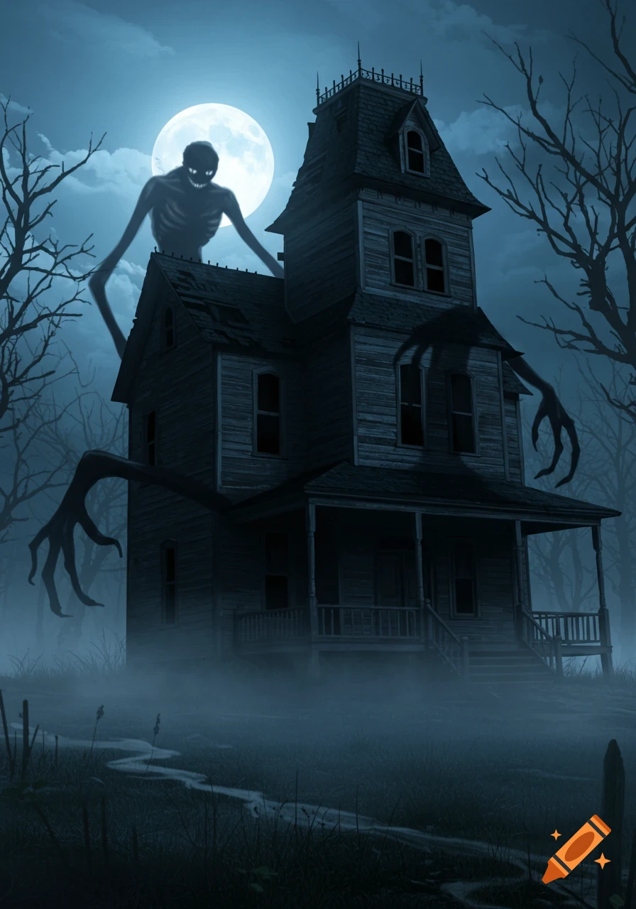 Skeletal monster with glowing eyes looms over a haunted house on a foggy night under a full moon. Stylized horror art.