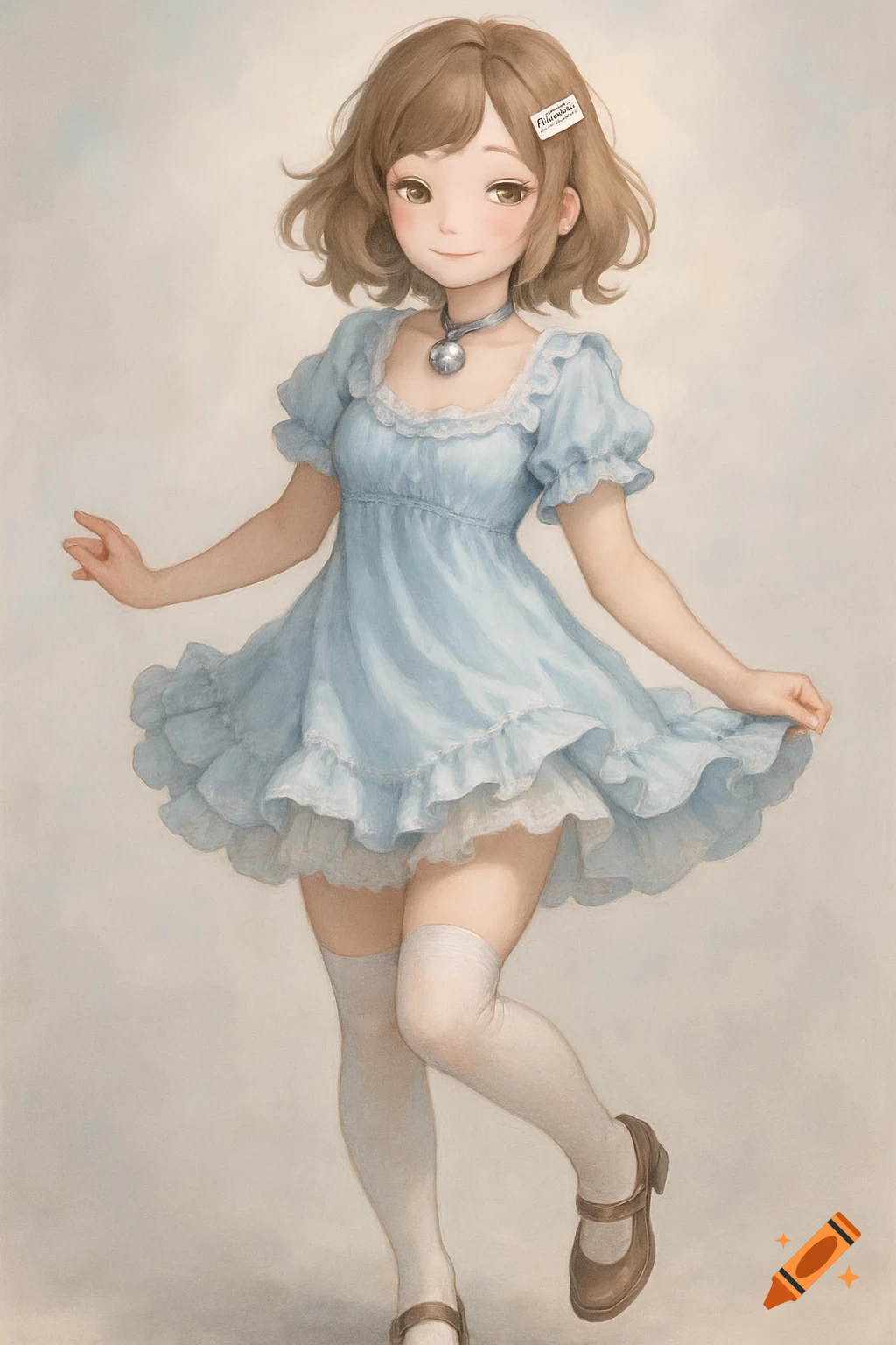An anime-style girl with brown hair in a light blue ruffled dress, white knee-high socks, and Mary Jane shoes, smiling softly.