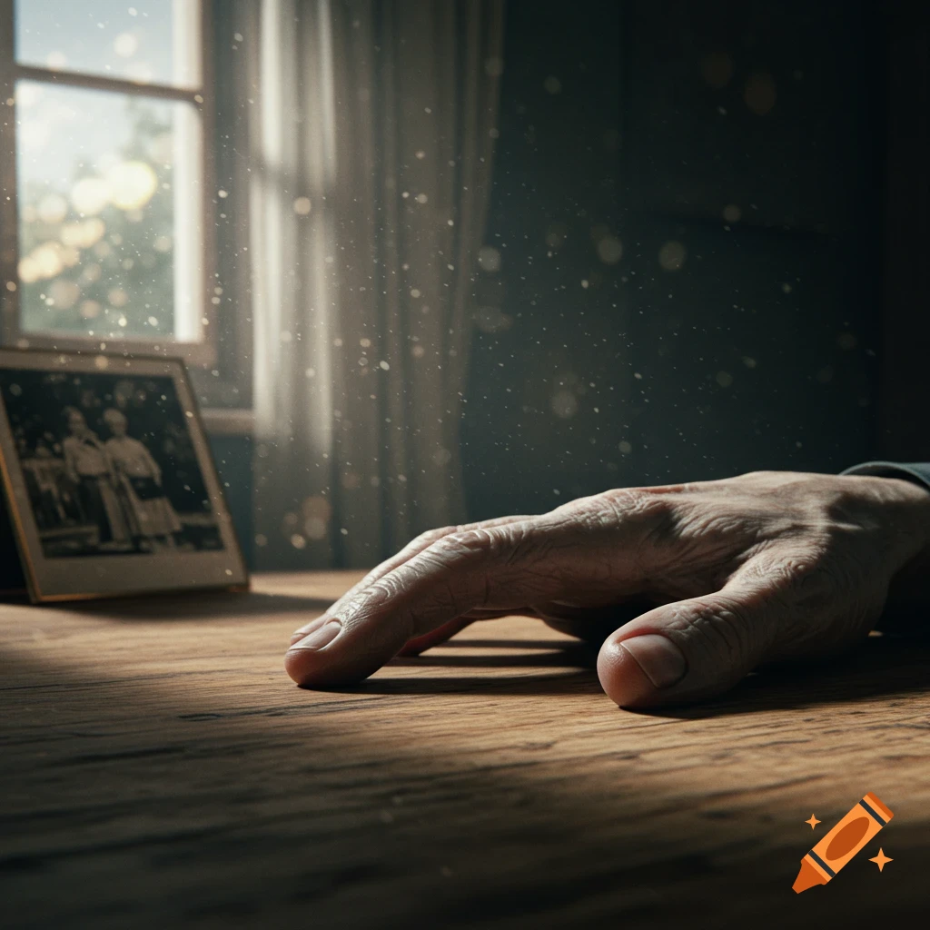 An aged, wrinkled hand lies still on a wooden table, bathed in sunlight with dust motes. A blurred framed photo is in the background.