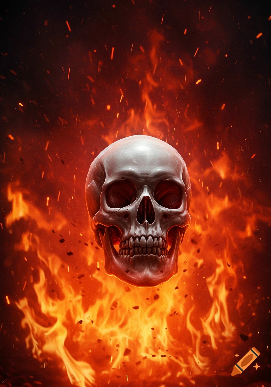 An ominous, detailed white skull floats against a vibrant background of red and orange flames and flying sparks.