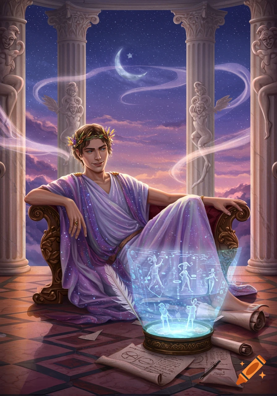 A young man in a purple toga and laurel wreath sits on a classical balcony, looking at a glowing futuristic hologram under a starry, twilight sky.
