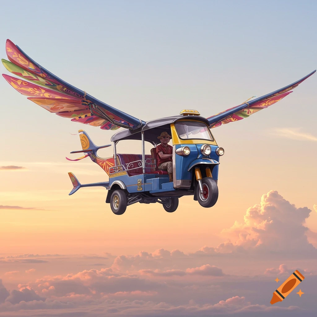 A whimsical blue tuk-tuk with colorful airplane wings and tail fins flies through a pastel sunset sky with clouds, piloted by a person in a hat.