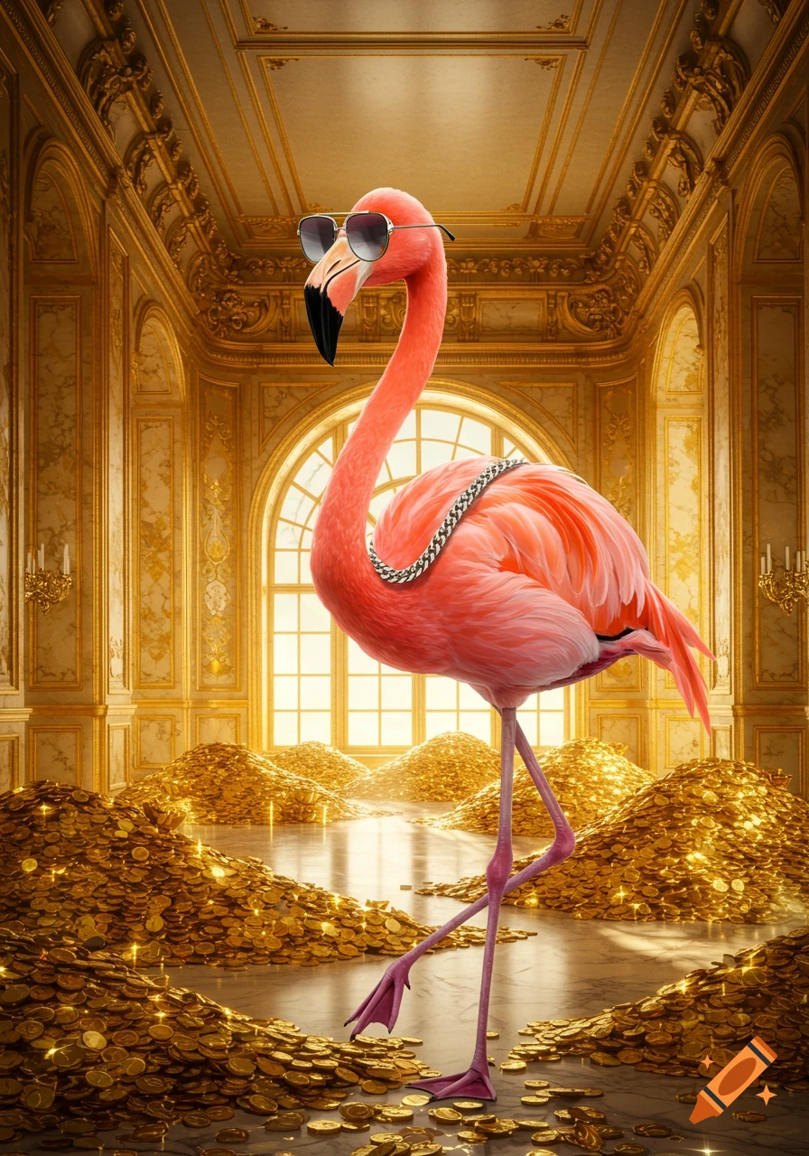 A photorealistic flamingo wearing sunglasses and a silver chain stands in a lavish gold room filled with piles of gold coins.