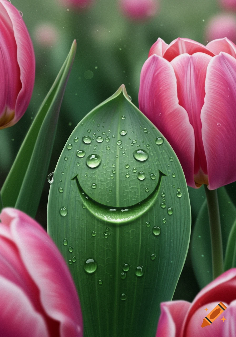 Close-up of a vibrant green tulip leaf covered in dew drops, forming a cheerful smiley face, surrounded by soft pink tulip petals.