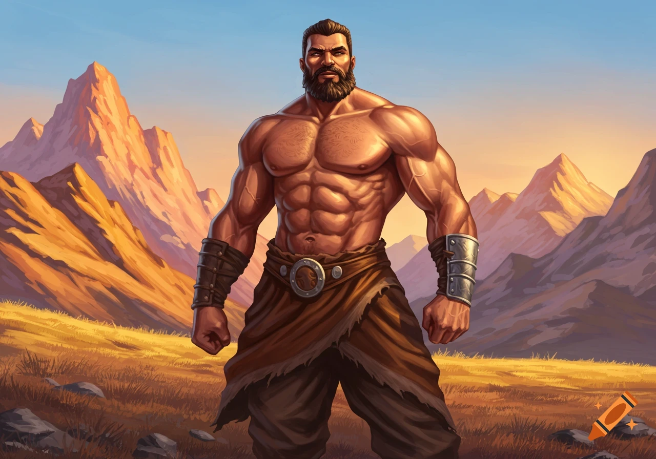 A muscular, bearded man in a brown kilt-like garment stands bare-chested in a golden field with mountains under a blue sky, illustrated style.