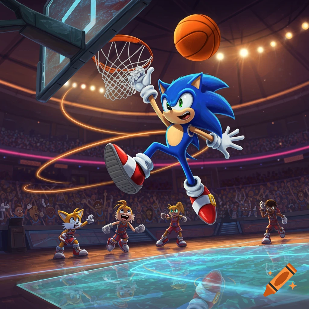 Sonic the Hedgehog leaps to dunk a basketball in a crowded stadium, with other cartoon characters on the court.
