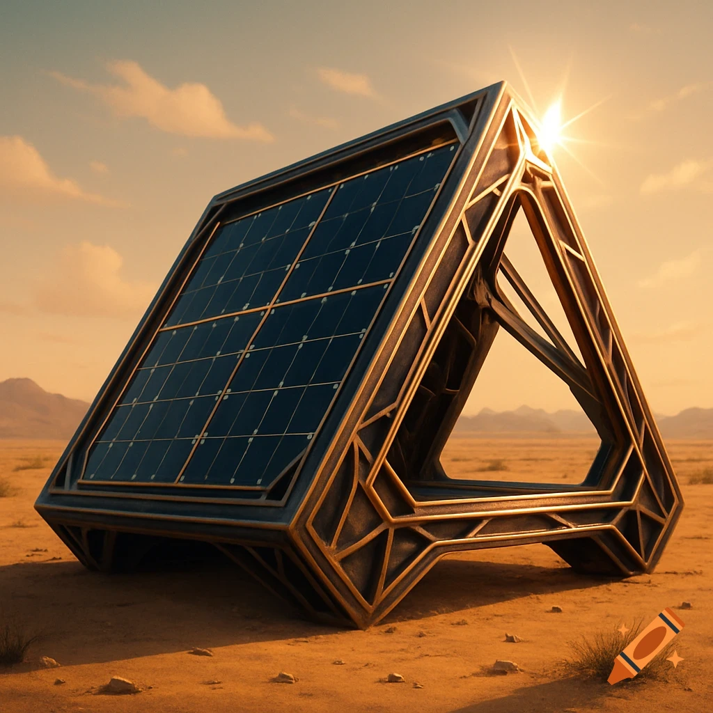 A metallic, futuristic triangular structure with solar panels on one side, basking in the sun in a vast, arid desert landscape.