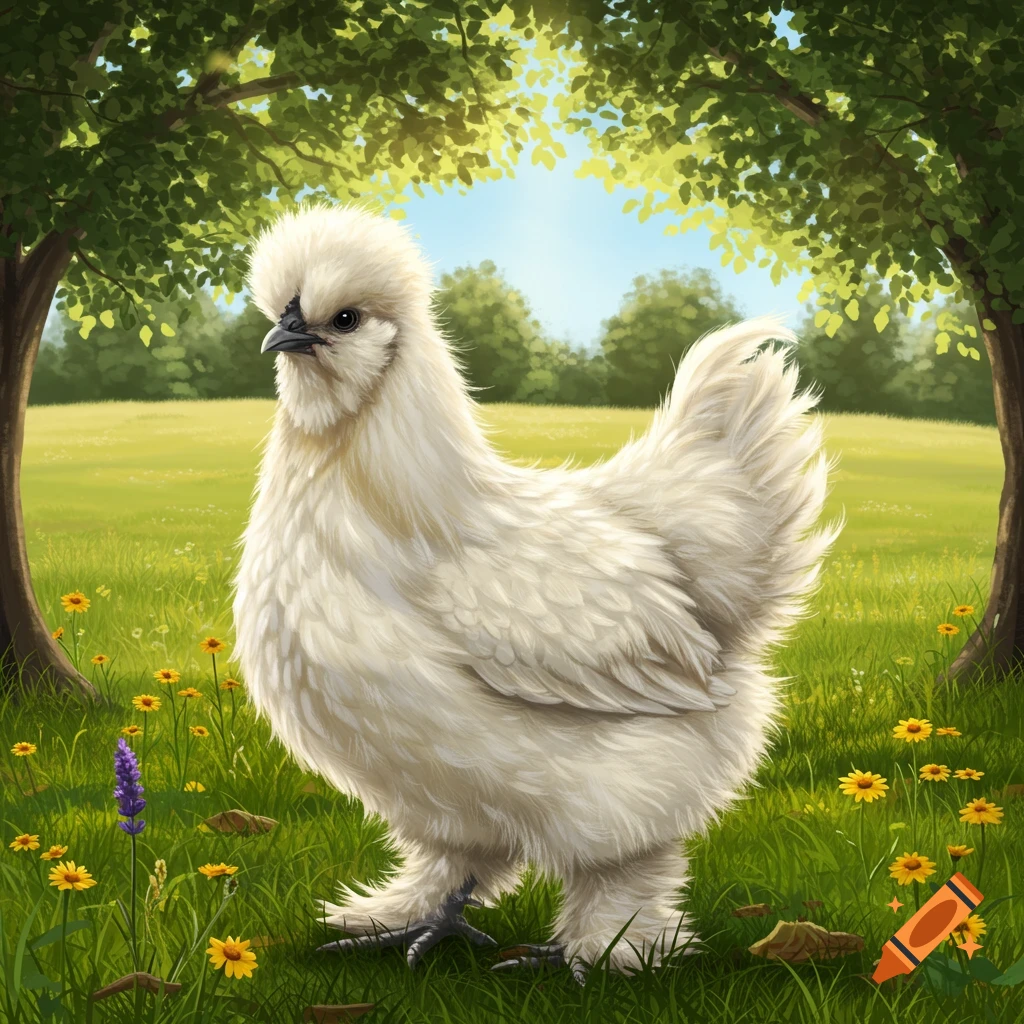 A fluffy white silky chicken stands in a sunlit green field with wildflowers, framed by trees.