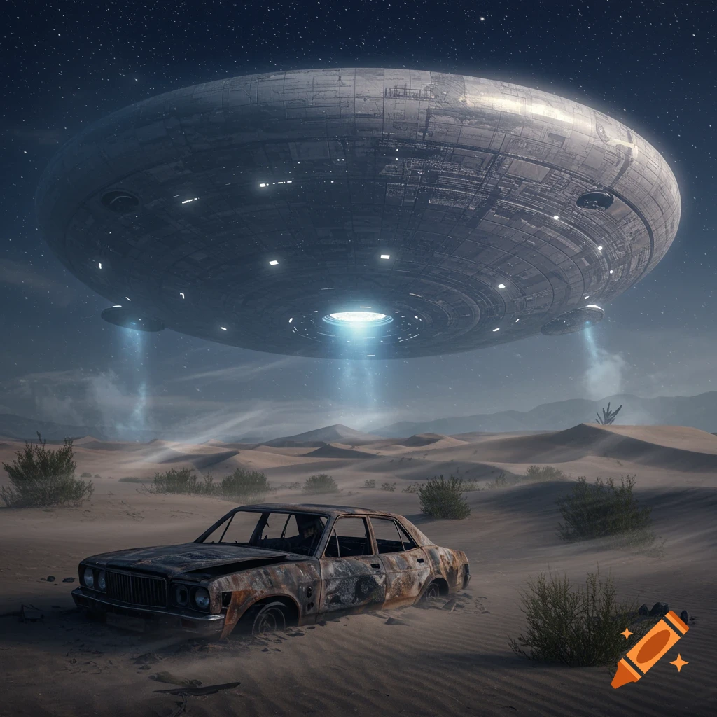 A large disc-shaped alien spaceship hovers over a dark, sandy desert landscape with a burned-out car in the foreground.
